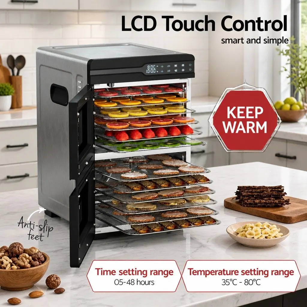 Food Dehydrator Dual-Zone 12 Trays Stainless Steel Adjustable Temperature Silver