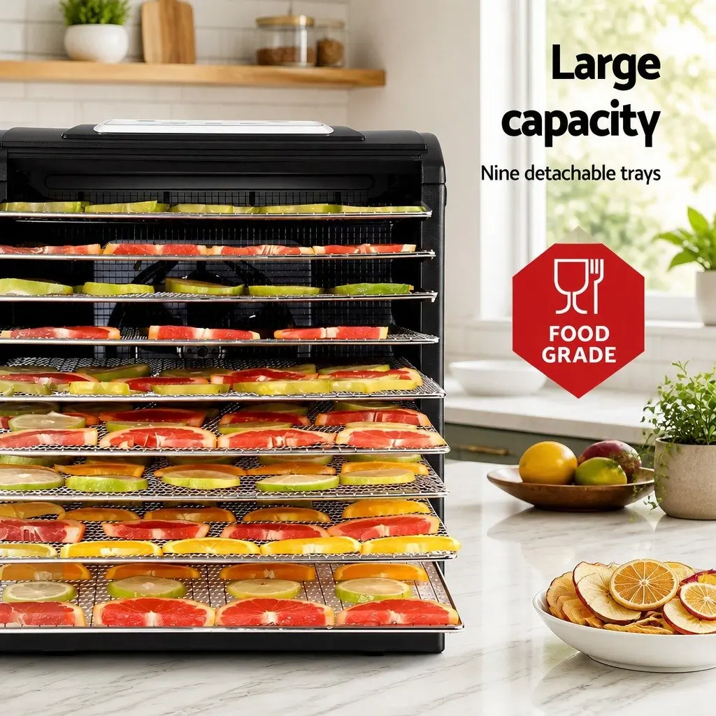 Food Dehydrator 9 Stainless Steel Trays Adjustable Timer LCD Touch Control Silver or Black