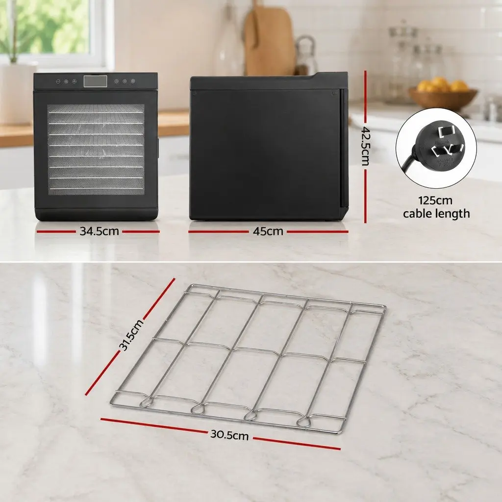 Food Dehydrator Digital Temperature Control 10 Trays Stainless Steel Silver Black