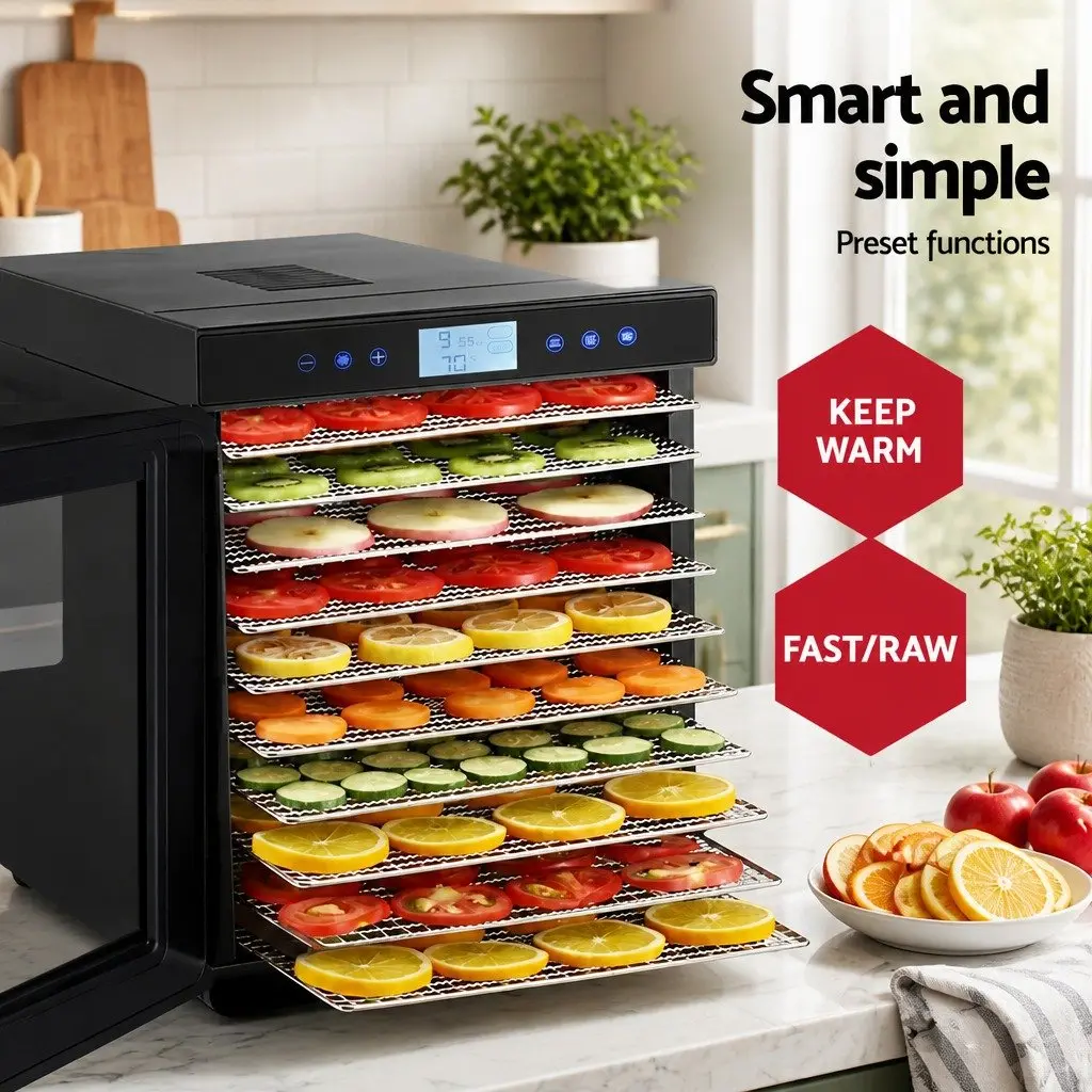Food Dehydrator Digital Temperature Control 10 Trays Stainless Steel Silver Black