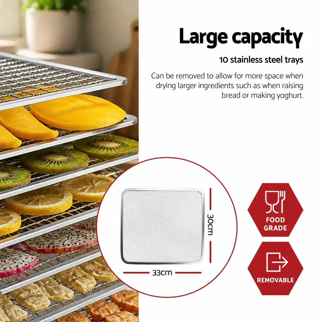 Food Dehydrator Digital Temperature Control 10 Trays Stainless Steel Silver Black