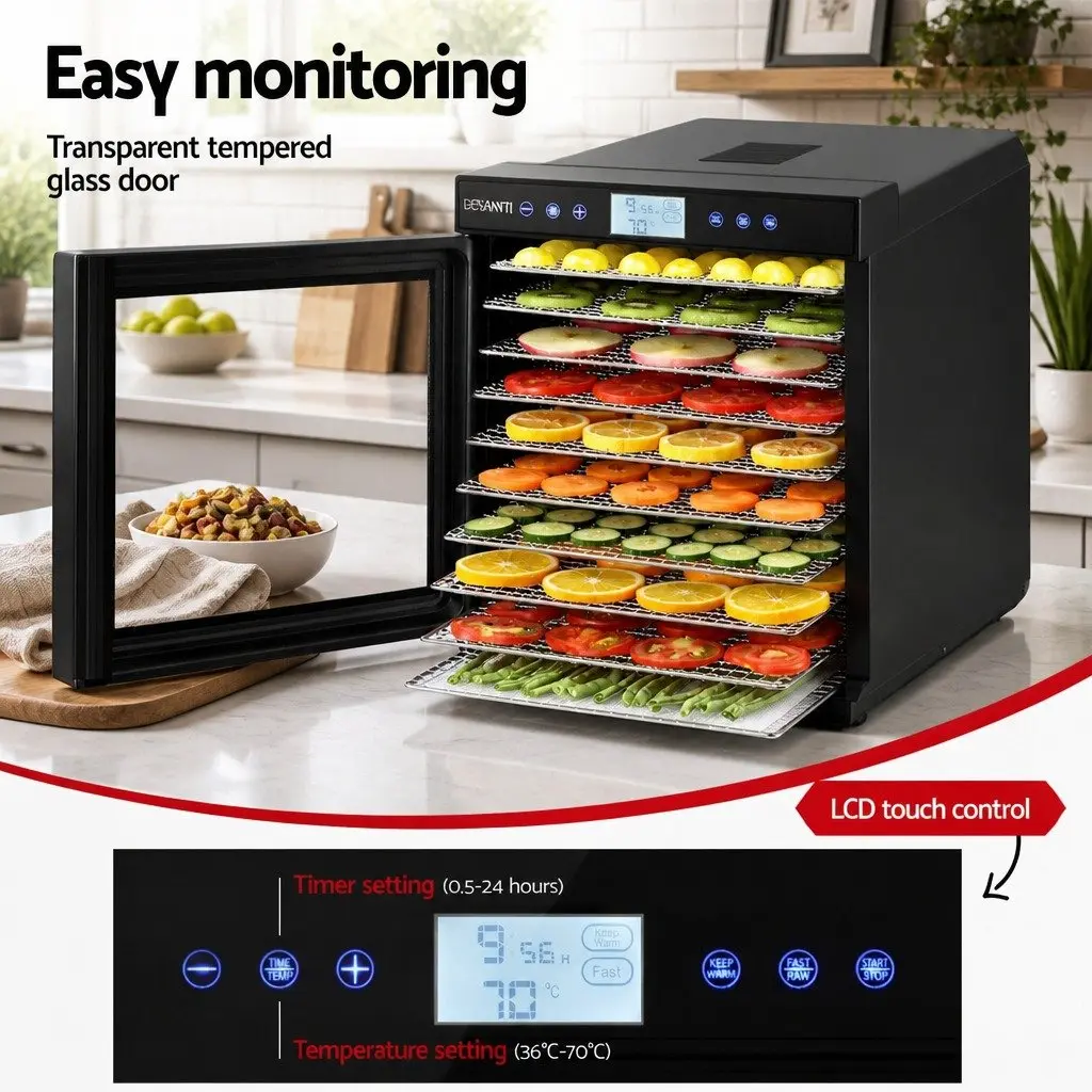 Food Dehydrator Digital Temperature Control 10 Trays Stainless Steel Silver Black
