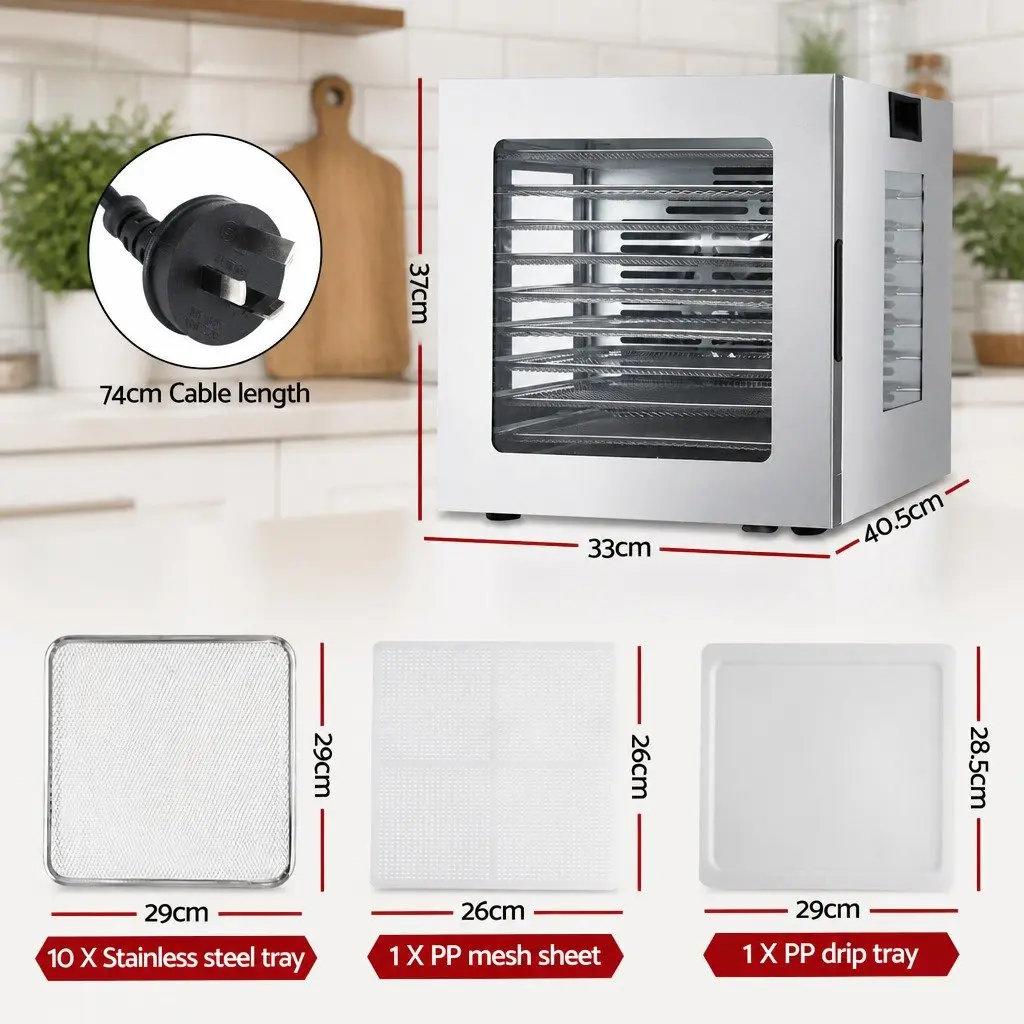 10 Tray Food Dehydrator Stainless Steel Preserve Fruits Vegetables Herbs Meats Silver