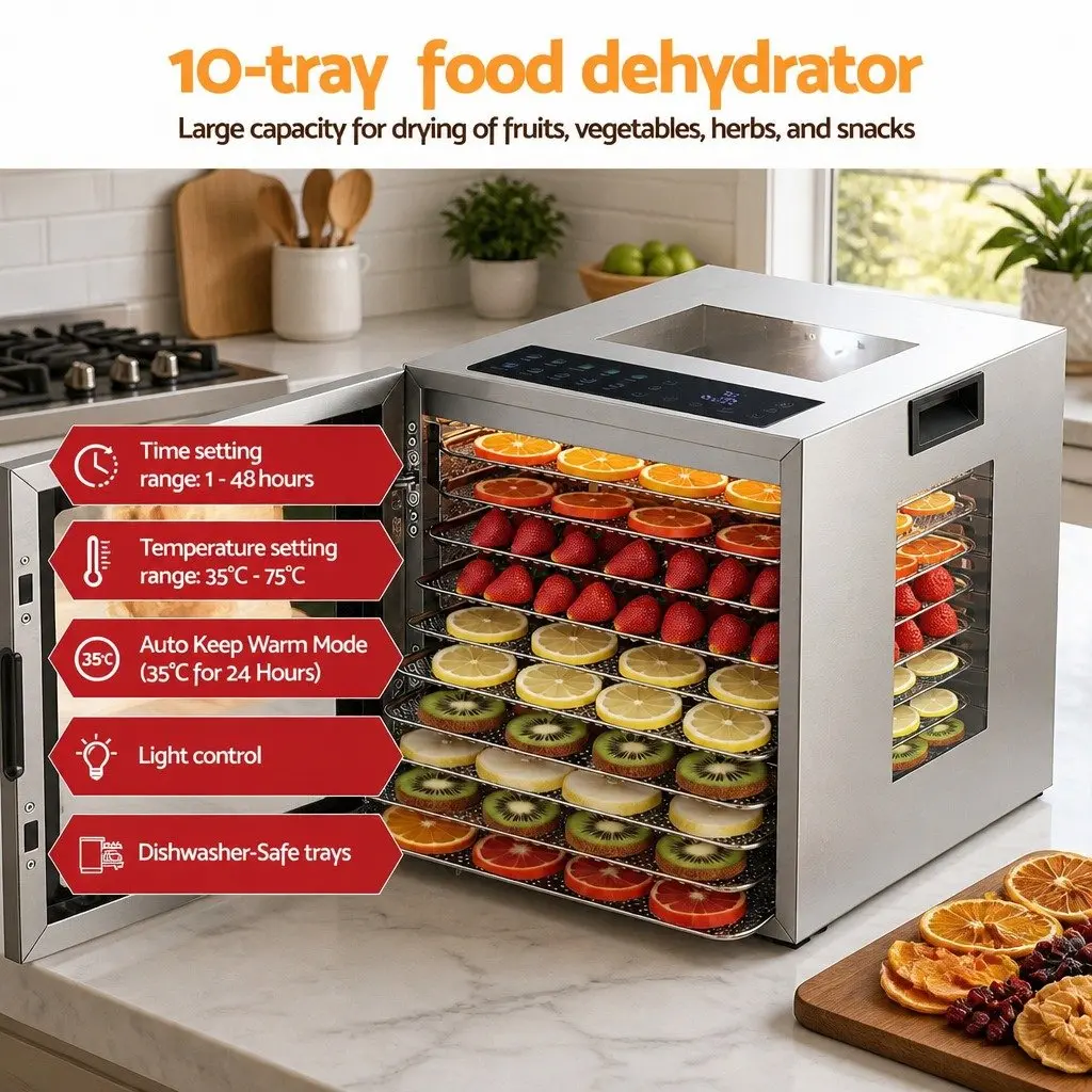 10 Tray Food Dehydrator Stainless Steel Preserve Fruits Vegetables Herbs Meats Silver
