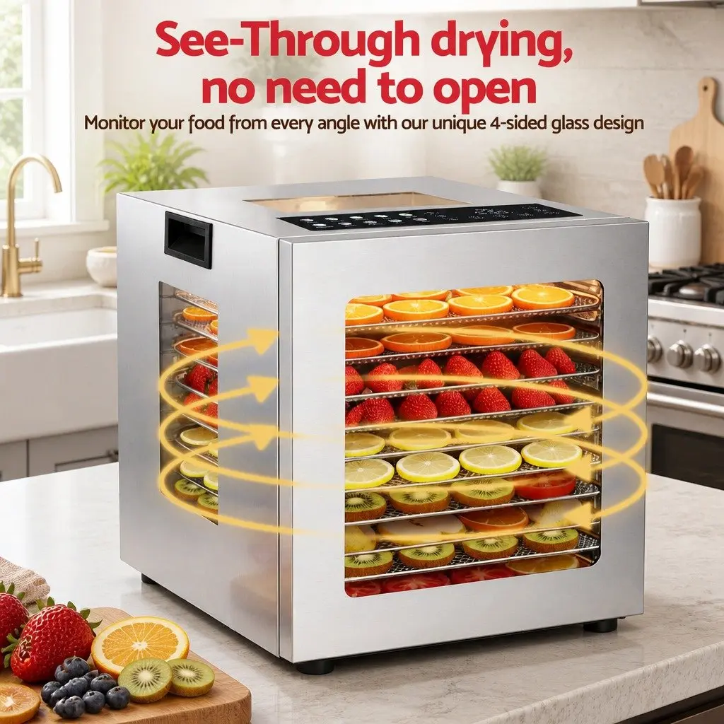 10 Tray Food Dehydrator Stainless Steel Preserve Fruits Vegetables Herbs Meats Silver