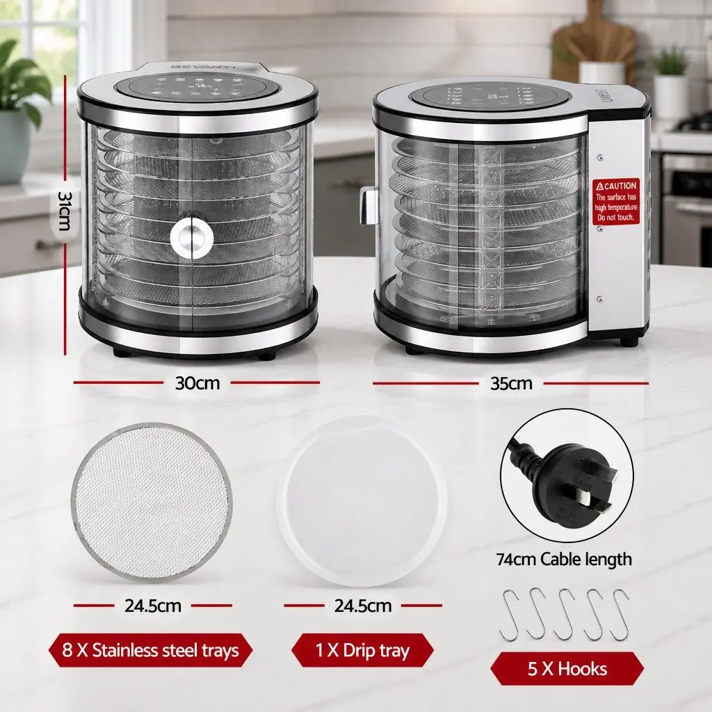 Food Dehydrator 8 Trays Auto-Rotate 360 Degree Silver