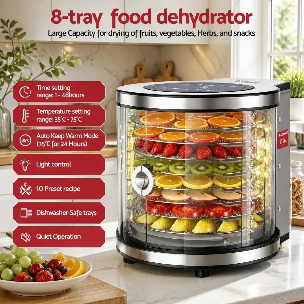 Food Dehydrator 8 Trays Auto-Rotate 360 Degree Silver