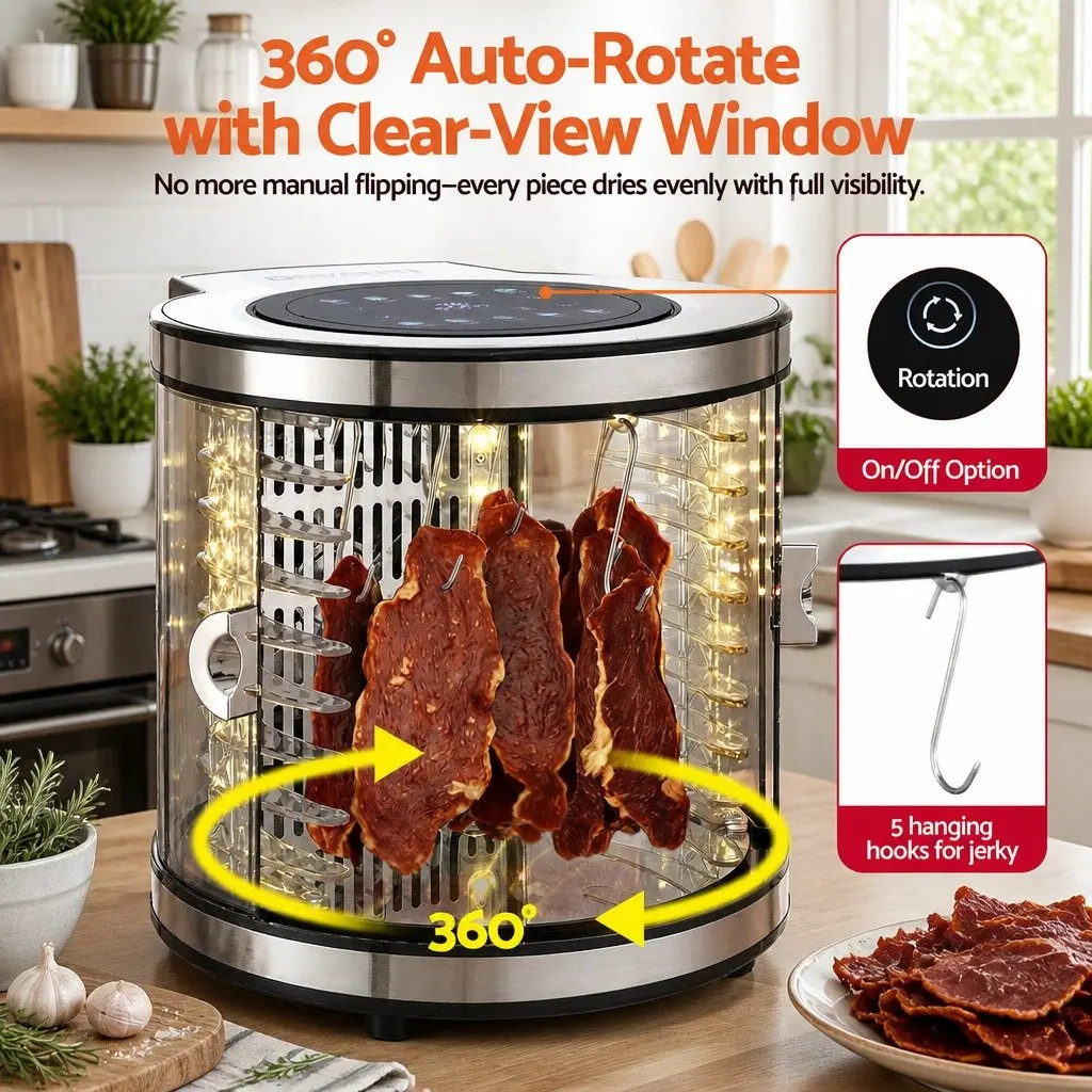 Food Dehydrator 8 Trays Auto-Rotate 360 Degree Silver
