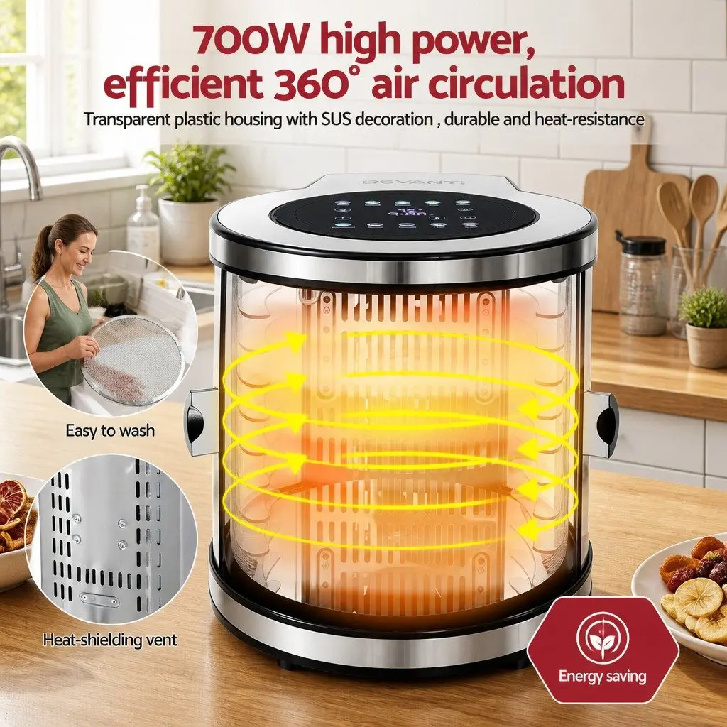 Food Dehydrator 8 Trays Auto-Rotate 360 Degree Silver