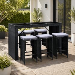 7-Piece Outdoor Bar Set Dining Table Stools Wicker Patio Black Setting