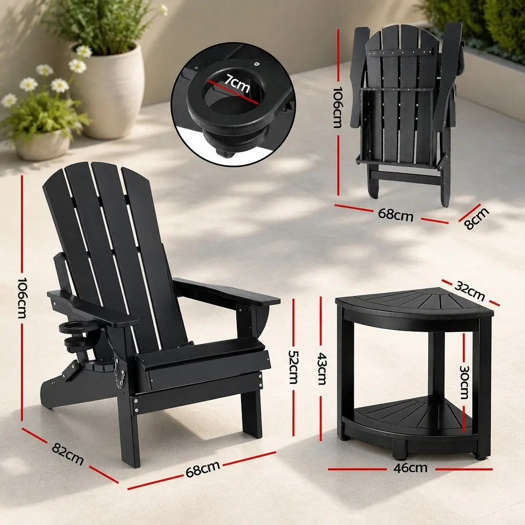 Outdoor Adirondack Chair and Table Set Foldable HDPE Patio Furniture Black 3 Piece