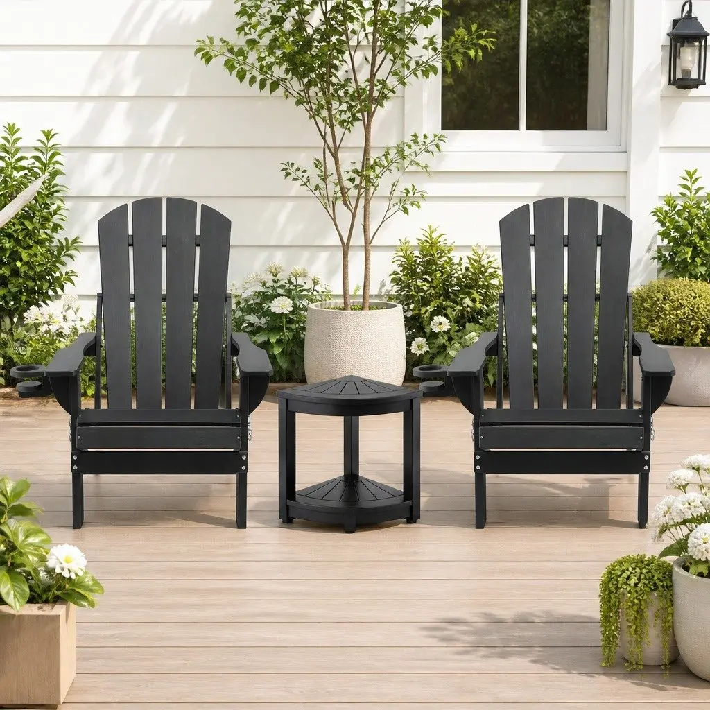 Outdoor Adirondack Chair and Table Set Foldable HDPE Patio Furniture Black 3 Piece