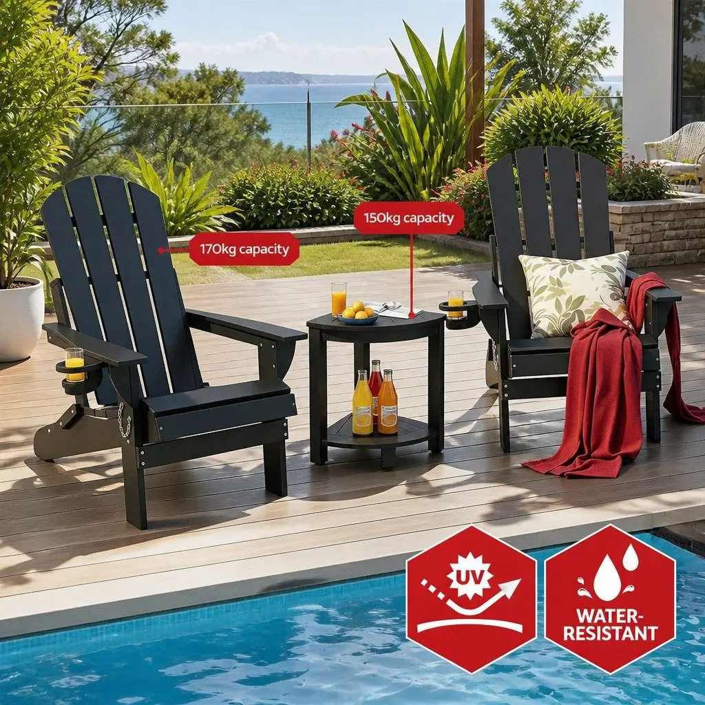 Outdoor Adirondack Chair and Table Set Foldable HDPE Patio Furniture Black 3 Piece