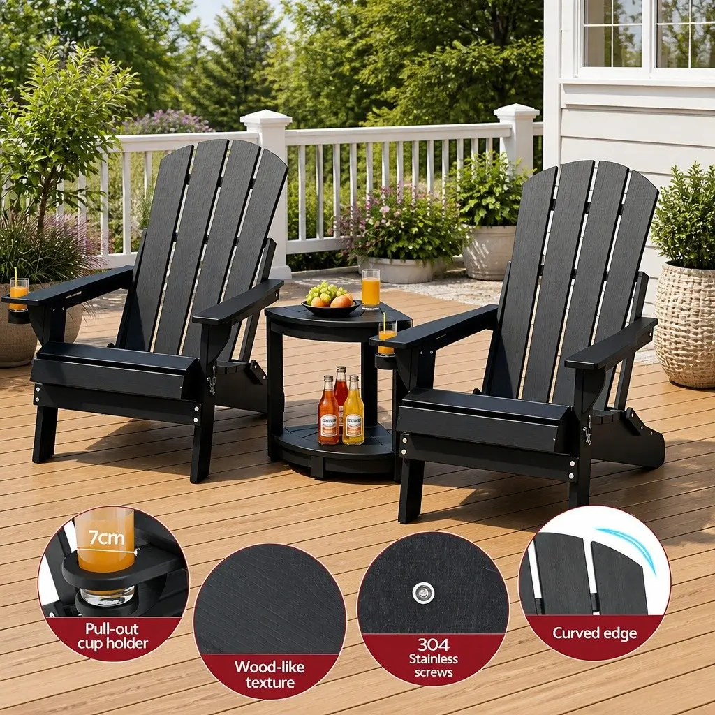Outdoor Adirondack Chair and Table Set Foldable HDPE Patio Furniture Black 3 Piece