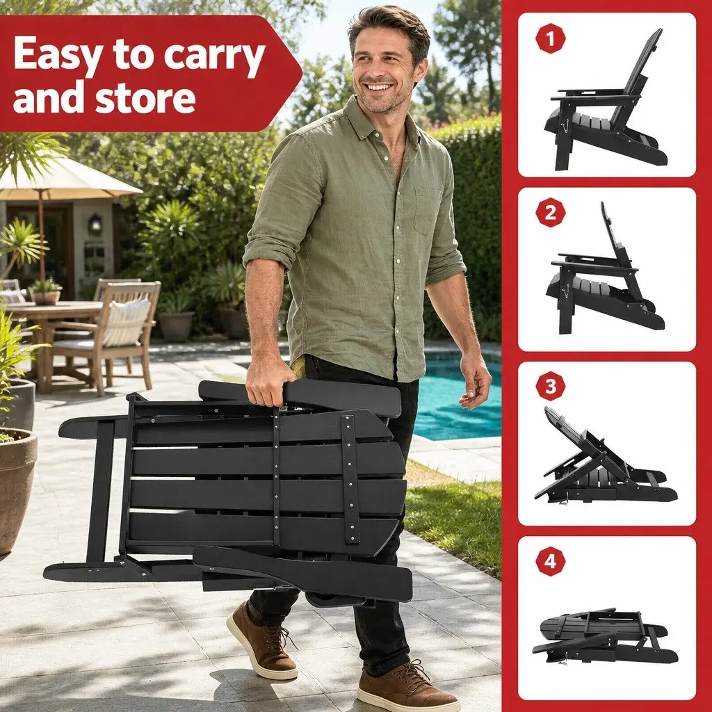 Outdoor Adirondack Chair and Table Set Foldable HDPE Patio Furniture Black 3 Piece