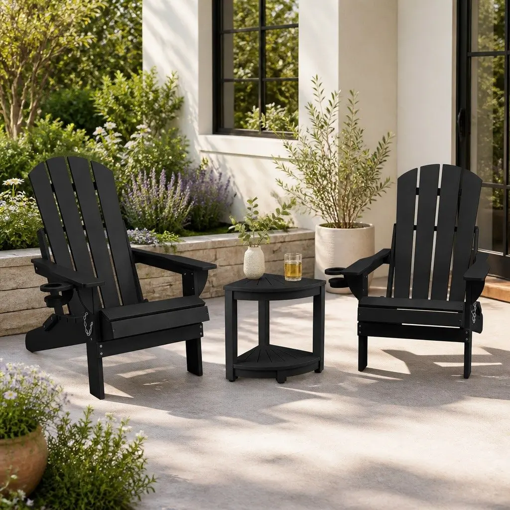 Outdoor Adirondack Chair and Table Set Foldable HDPE Patio Furniture Black 3 Piece
