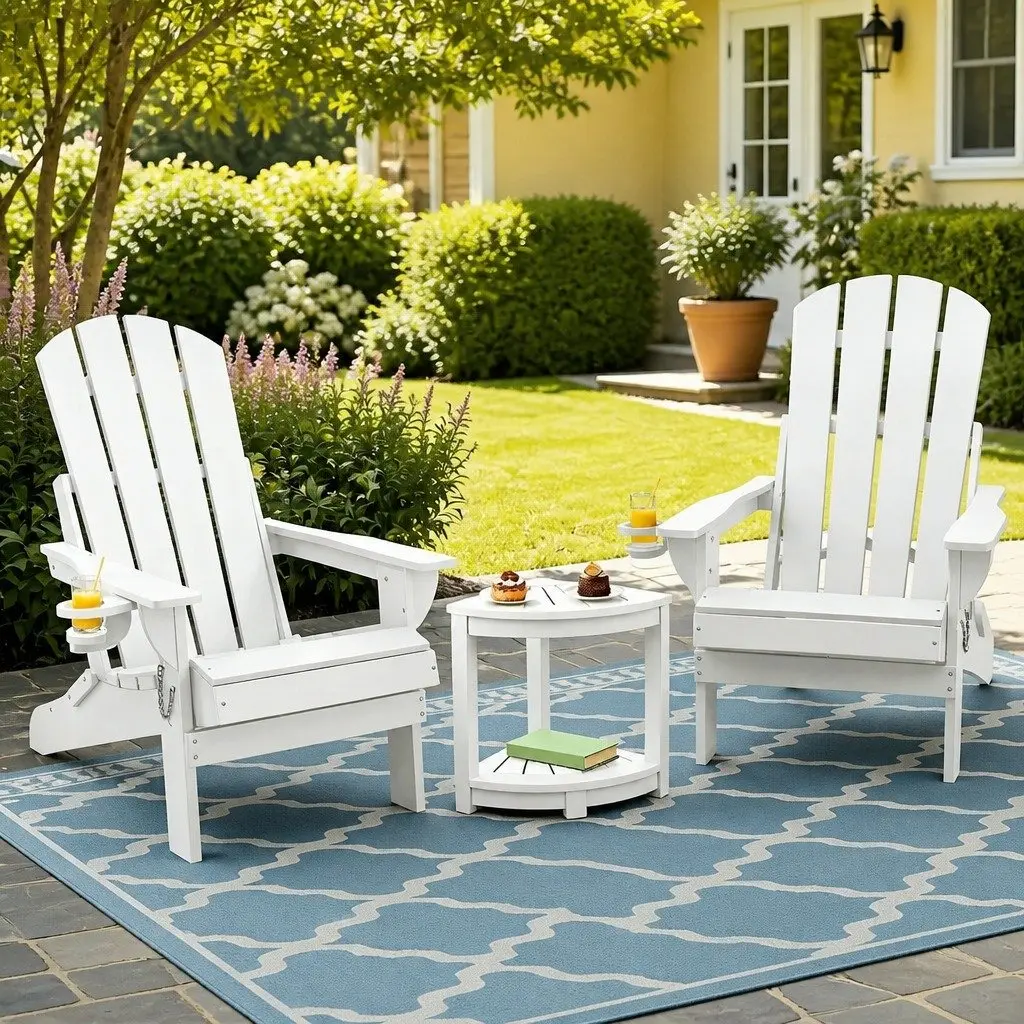 Outdoor Adirondack Folding Chair and Table Set Patio Furniture White HDPE 3