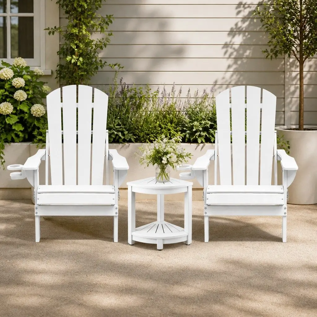 Outdoor Adirondack Folding Chair and Table Set Patio Furniture White 3 Piece