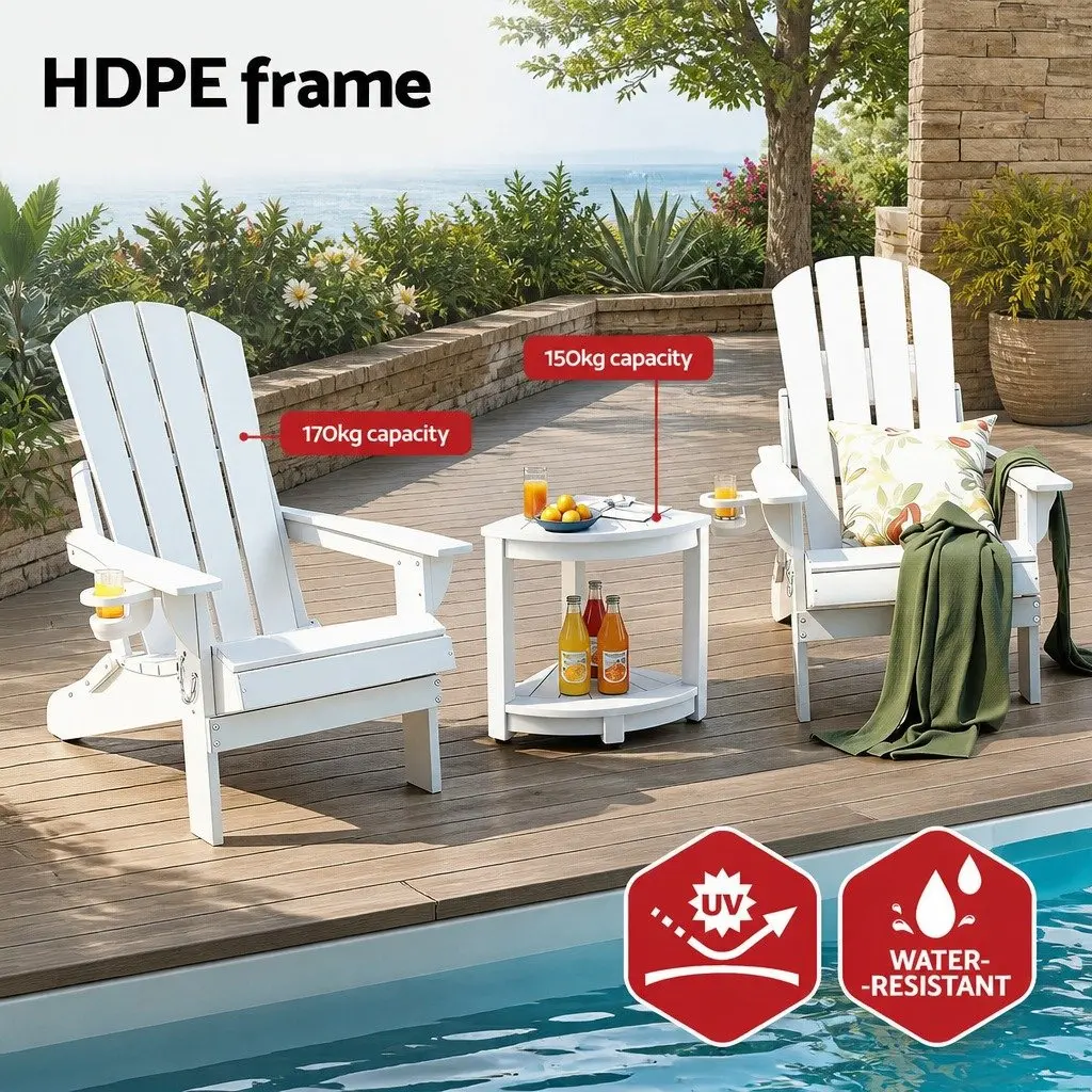 Outdoor Adirondack Folding Chair and Table Set Patio Furniture White 3 Piece
