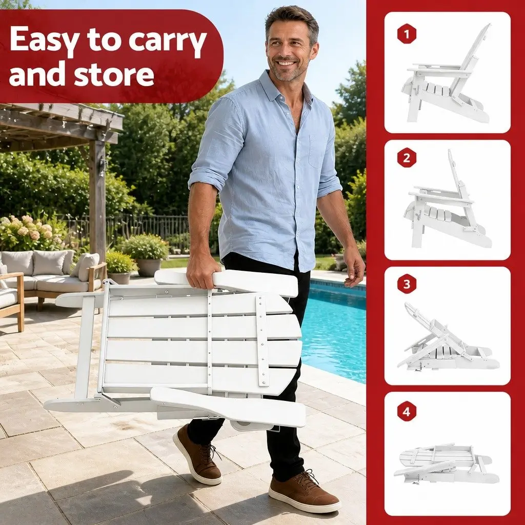 Outdoor Adirondack Folding Chair and Table Set Patio Furniture White 3 Piece