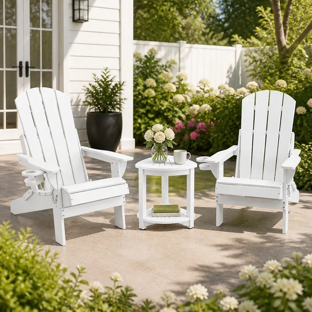 Outdoor Adirondack Folding Chair and Table Set Patio Furniture White 3 Piece