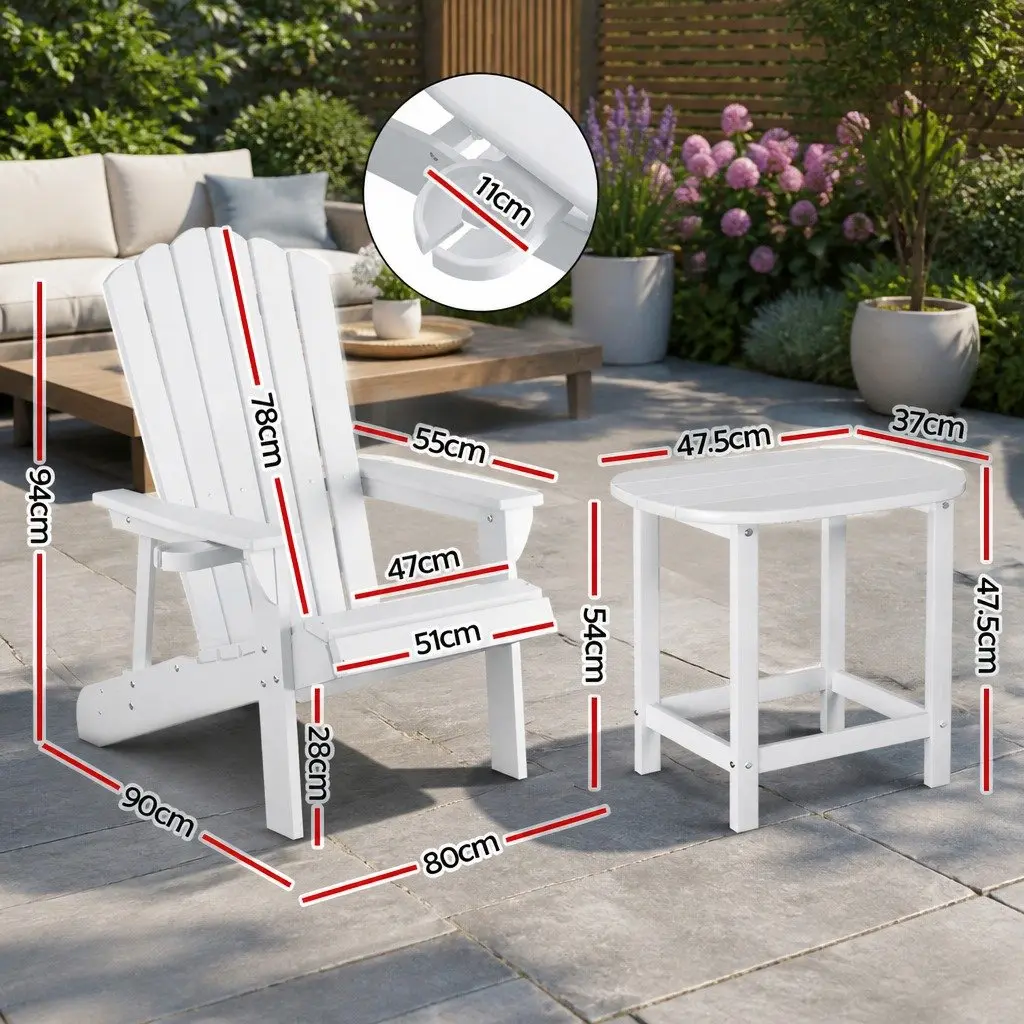 Adirondack Chairs and Side Table Set Outdoor Furniture HDPE White 3 Piece