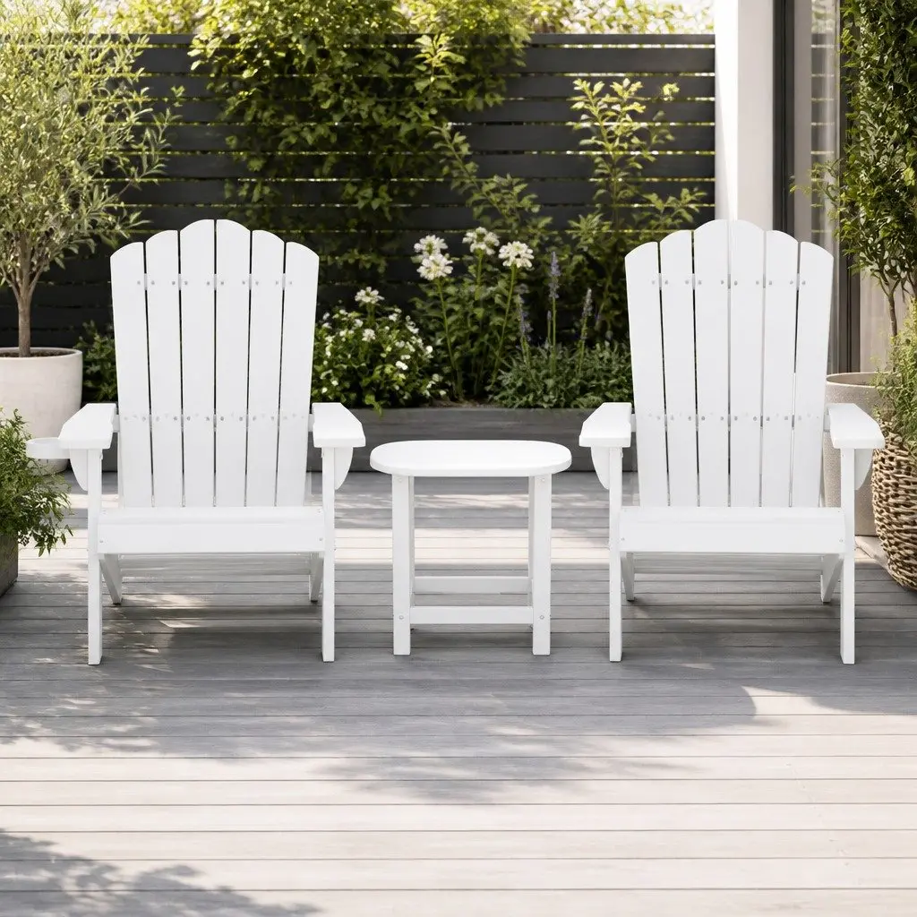 Adirondack Chairs and Side Table Set Outdoor Furniture HDPE White 3 Piece