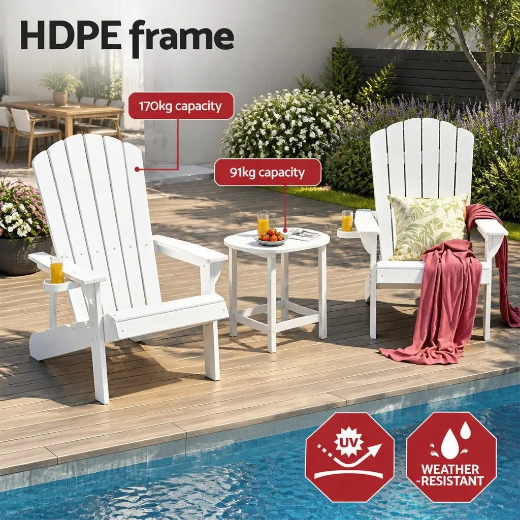 Adirondack Chairs and Side Table Set Outdoor Furniture HDPE White 3 Piece