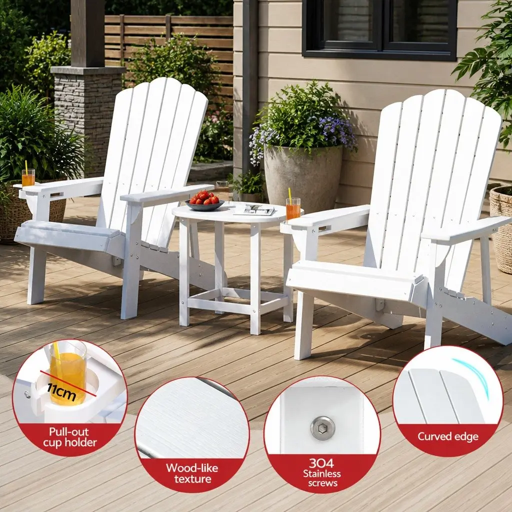 Adirondack Chairs and Side Table Set Outdoor Furniture HDPE White 3 Piece