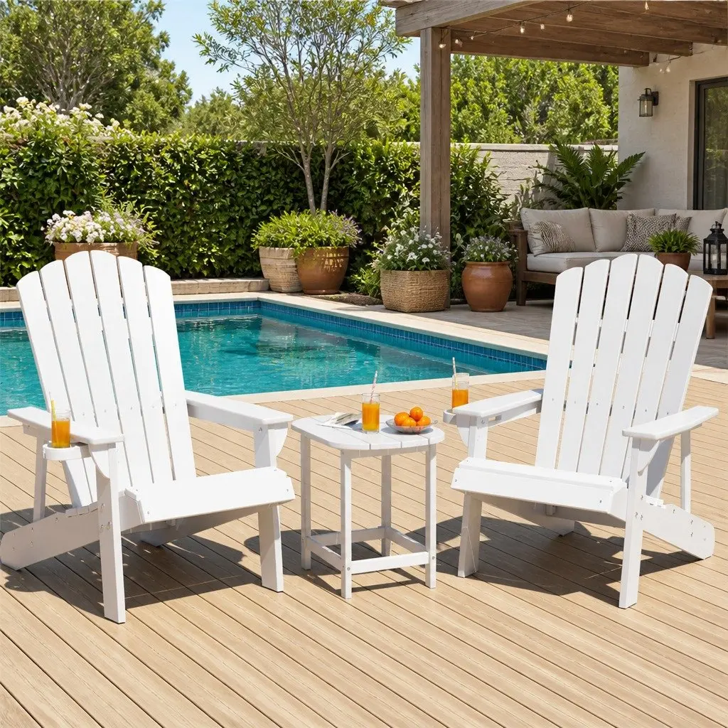 Adirondack Chairs and Side Table Set Outdoor Furniture HDPE White 3 Piece