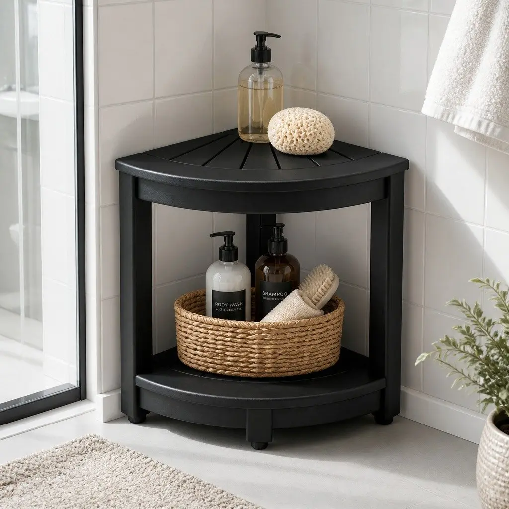 Corner Shower Stool Bench Side Table Storage Shelf Waterproof Black 46 x 32 x 43 cm