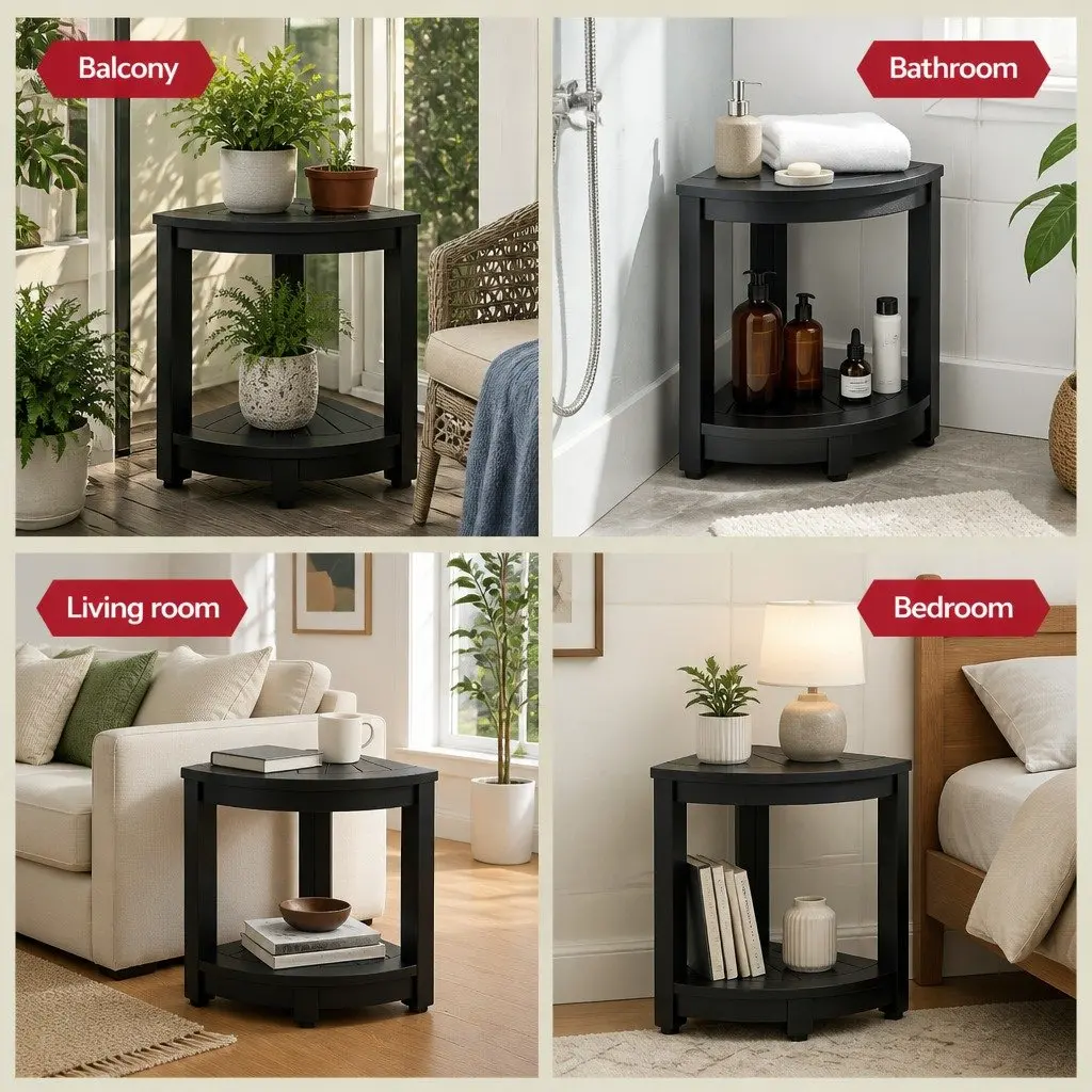 Corner Shower Stool Bench Side Table Storage Shelf Waterproof Black 46 x 32 x 43 cm
