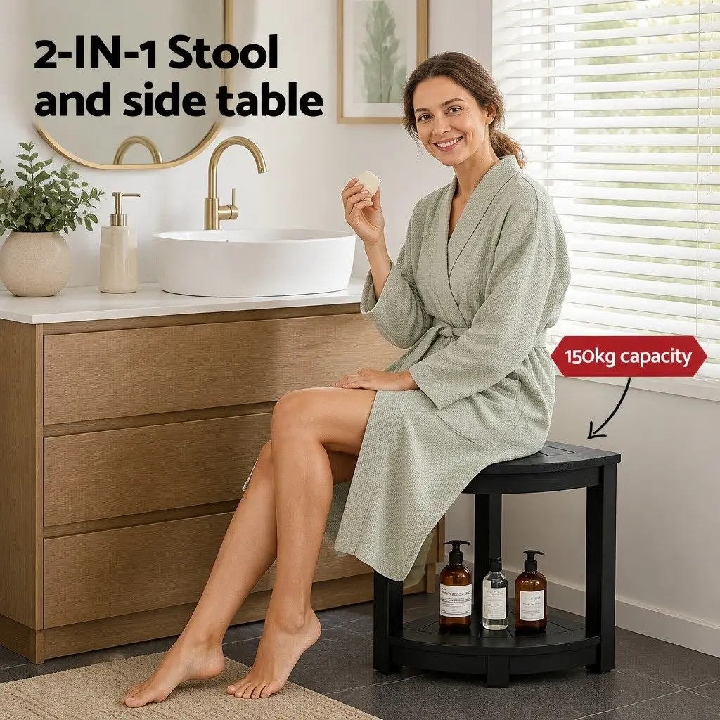 Corner Shower Stool Bench Side Table Storage Shelf Waterproof Black 46 x 32 x 43 cm