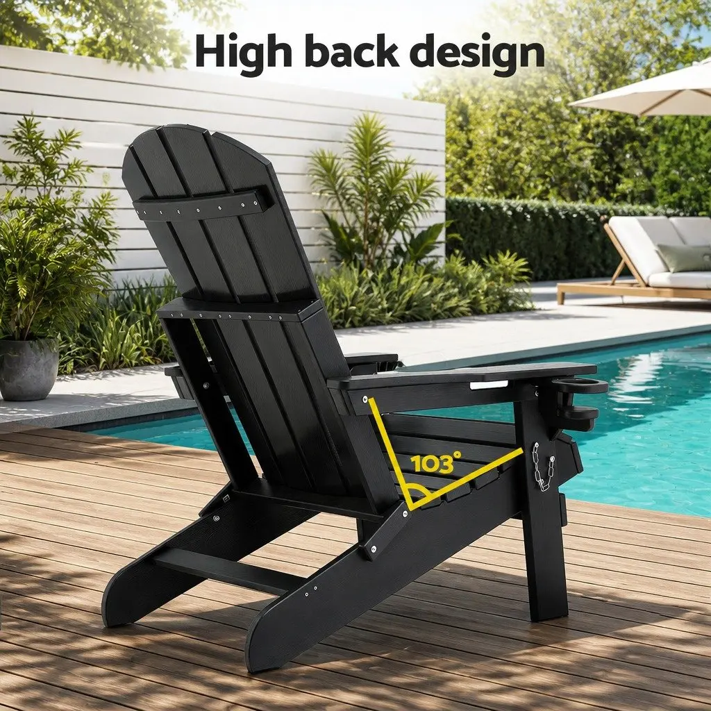 Outdoor Adirondack Folding Chair Beach Sun Lounge Black
