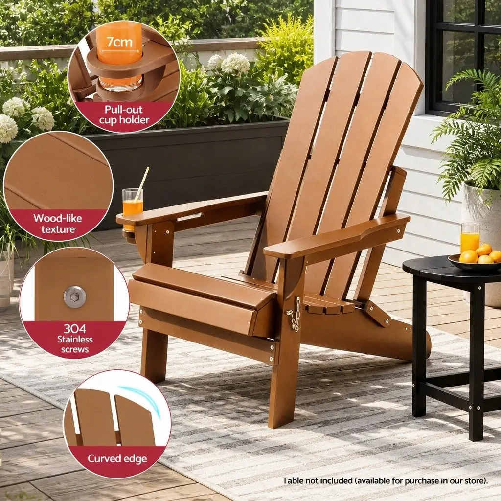 Outdoor Adirondack Chair Folding Sun Lounge Brown 103° Reclined Backrest