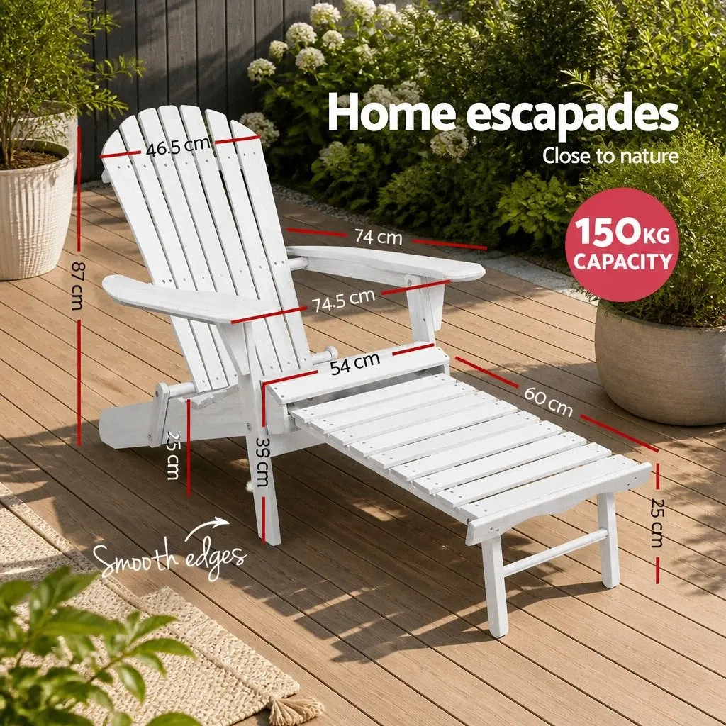 Adirondack Lounge Chair Wooden Foldable Patio Furniture White with Ottoman