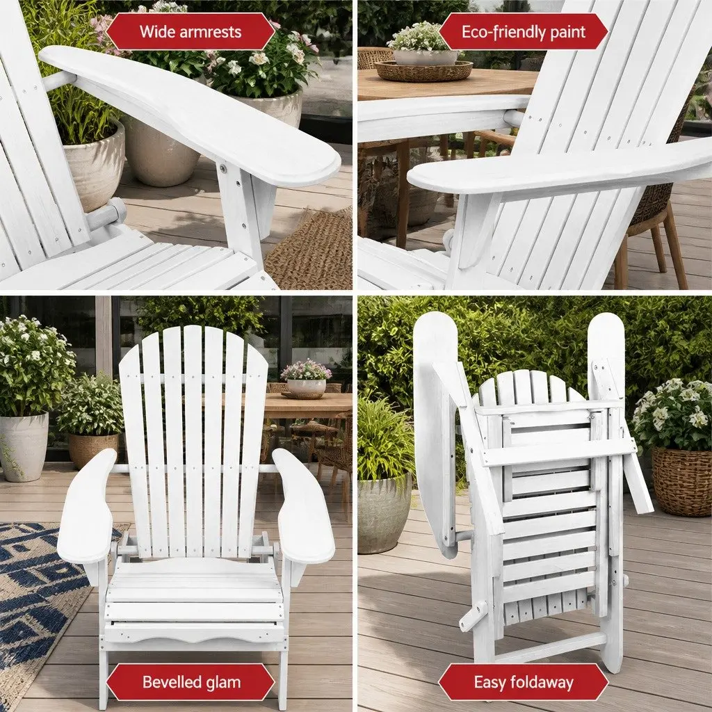 Adirondack Outdoor Chairs 2PC Foldable Wood Lounge Set with Footstool White