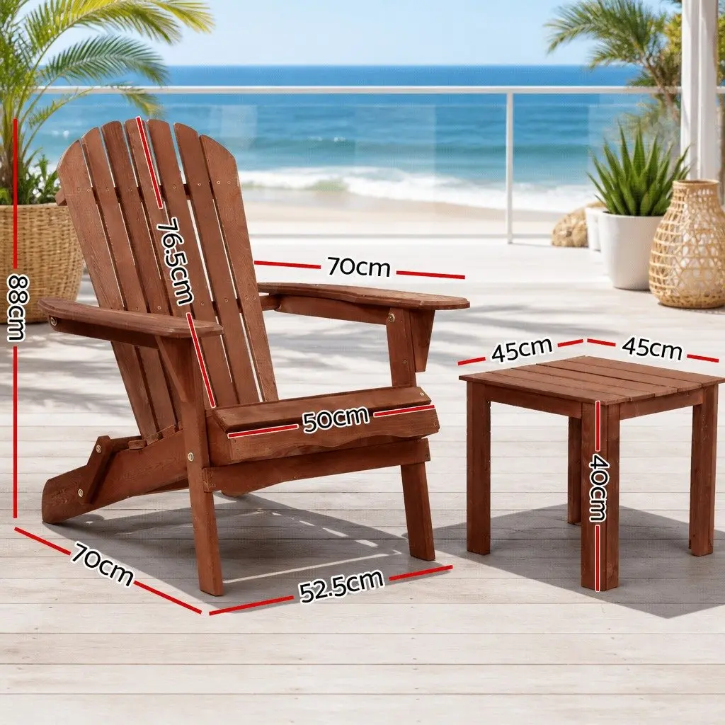 3 Piece Adirondack Outdoor Lounge Set Foldable Wooden Chairs Side Table Brown