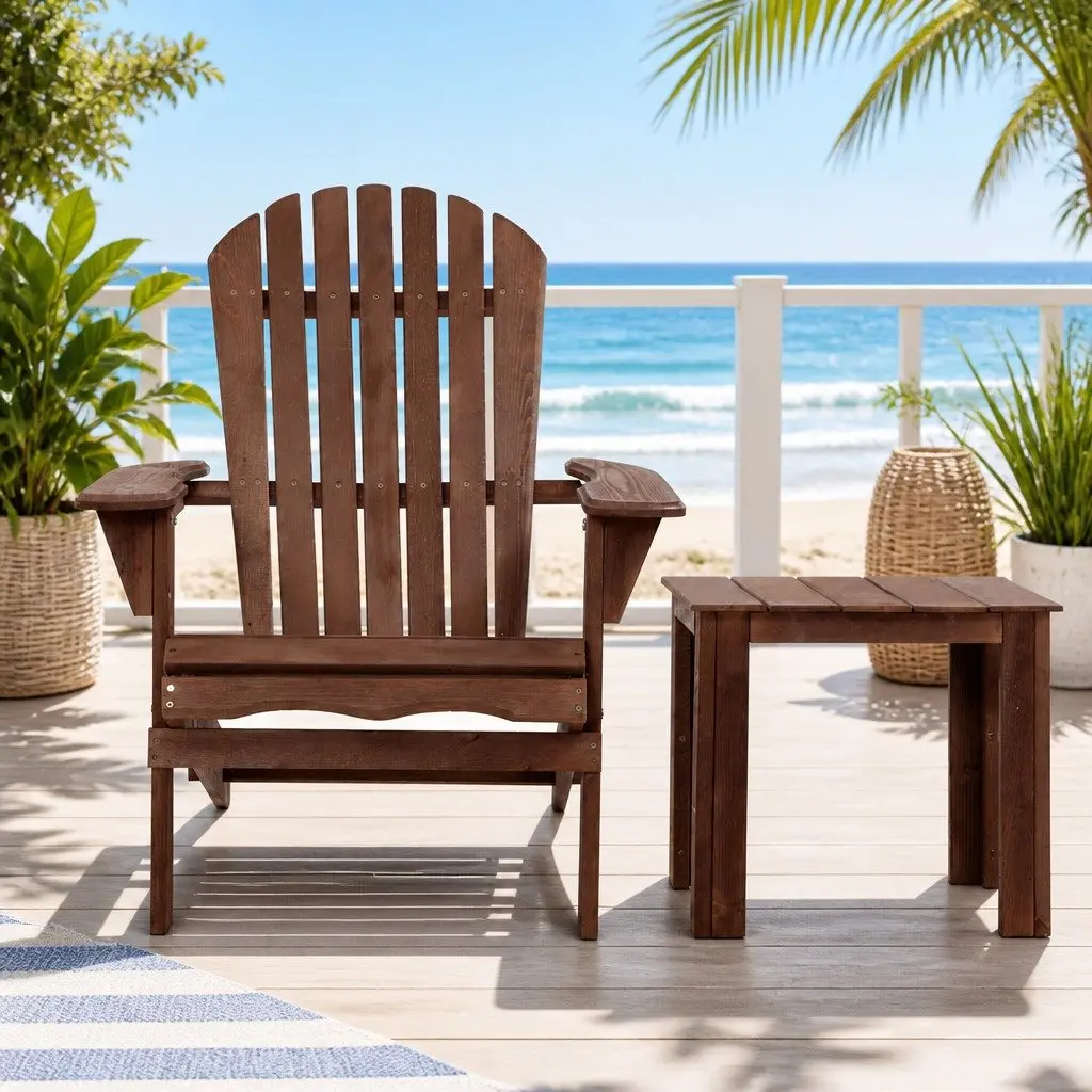 3 Piece Adirondack Outdoor Lounge Set Foldable Wooden Chairs Side Table Brown