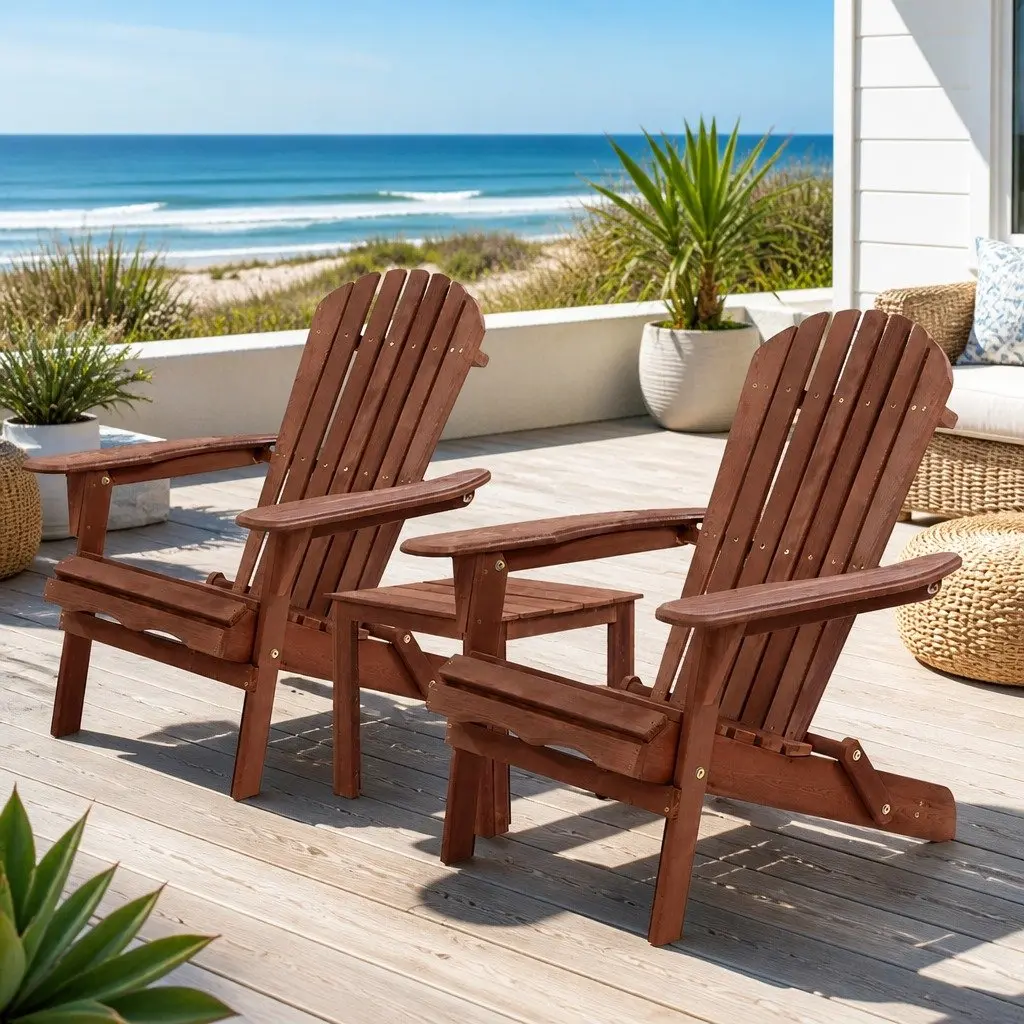 3 Piece Adirondack Outdoor Lounge Set Foldable Wooden Chairs Side Table Brown