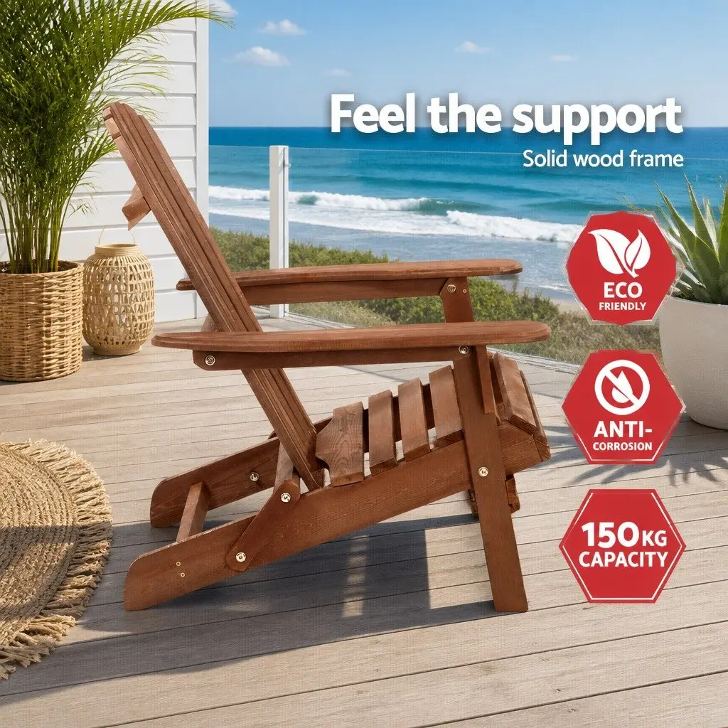 3 Piece Adirondack Outdoor Lounge Set Foldable Wooden Chairs Side Table Brown