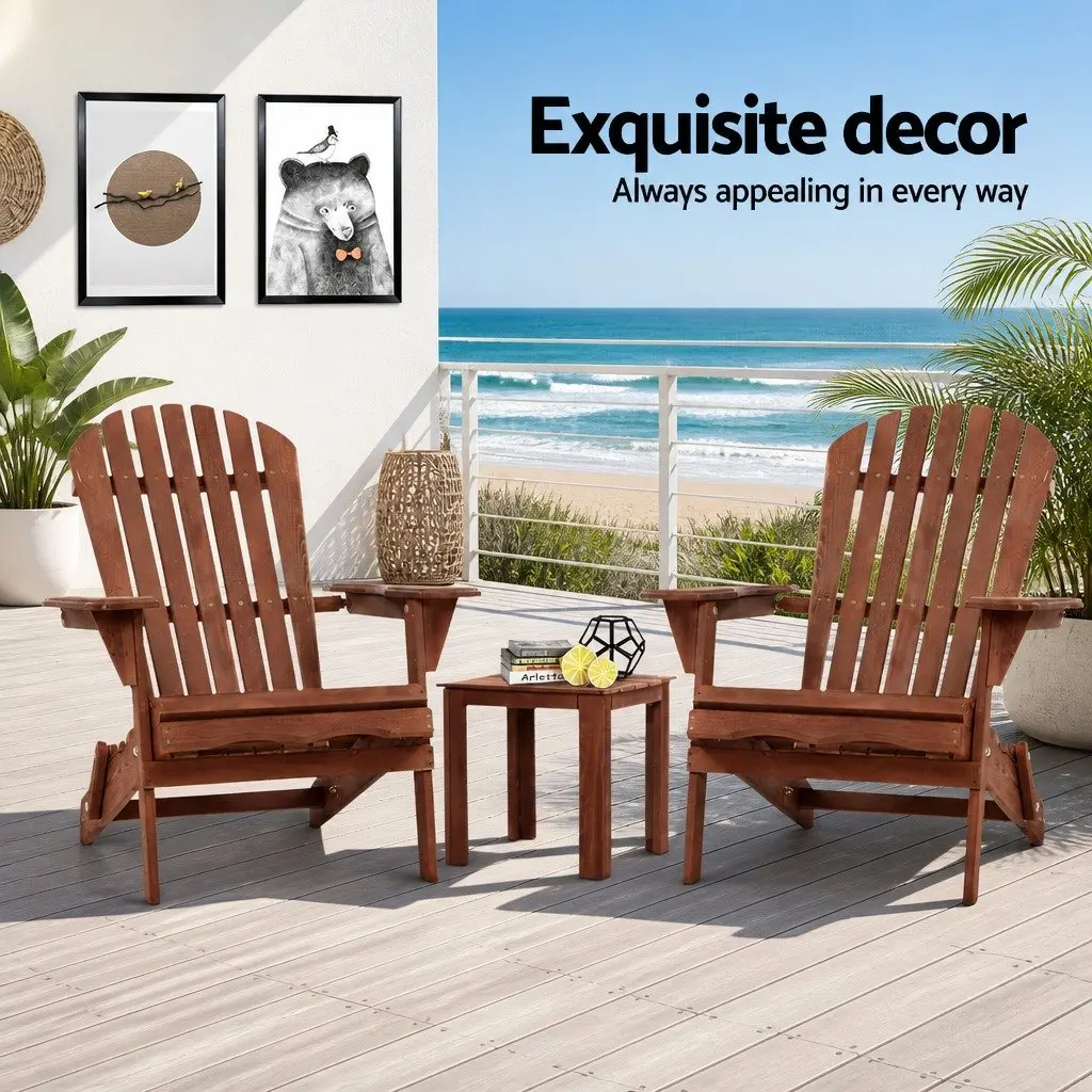 3 Piece Adirondack Outdoor Lounge Set Foldable Wooden Chairs Side Table Brown