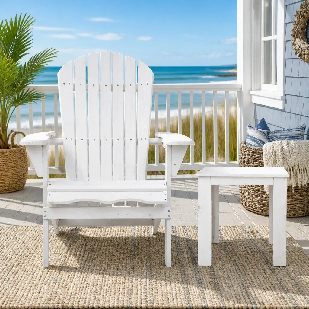 Outdoor Chair Set Adirondack Foldable Wooden White 3 Piece with Side Table