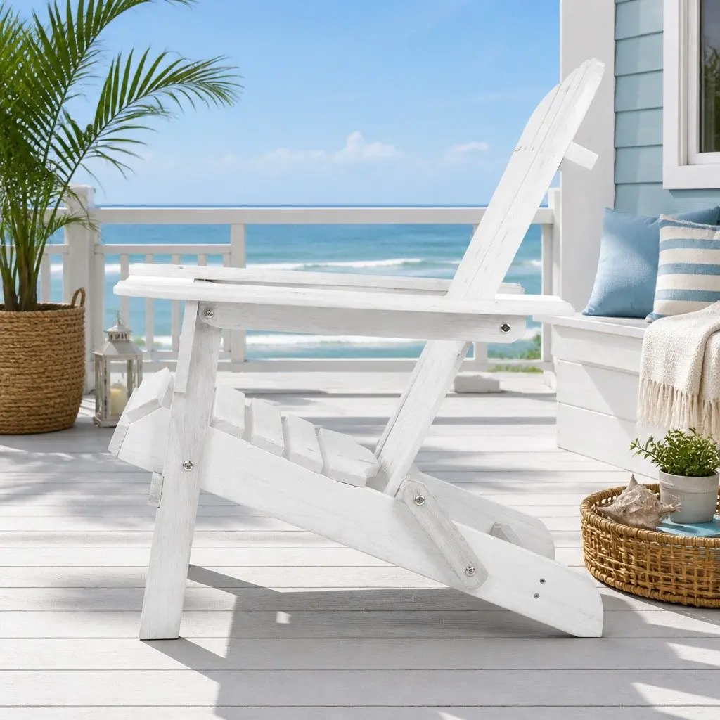 Outdoor Chair Set Adirondack Foldable Wooden White 3 Piece with Side Table