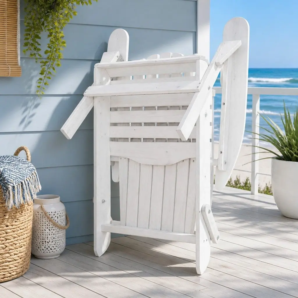 Outdoor Chair Set Adirondack Foldable Wooden White 3 Piece with Side Table