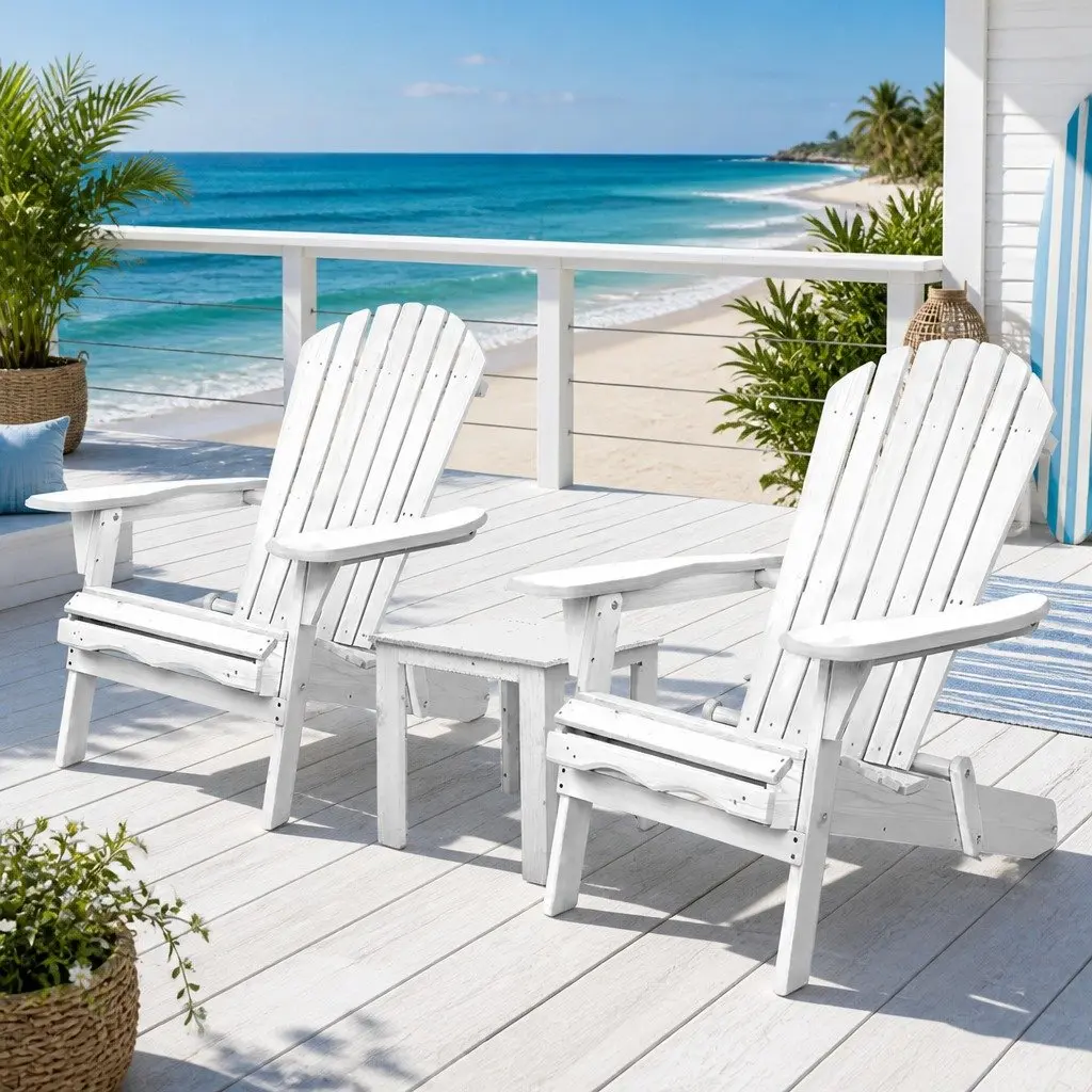Outdoor Chair Set Adirondack Foldable Wooden White 3 Piece with Side Table