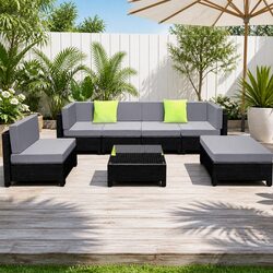 7-Piece Outdoor Wicker Sofa Lounge Set with Coffee Table Cushions Grey Black