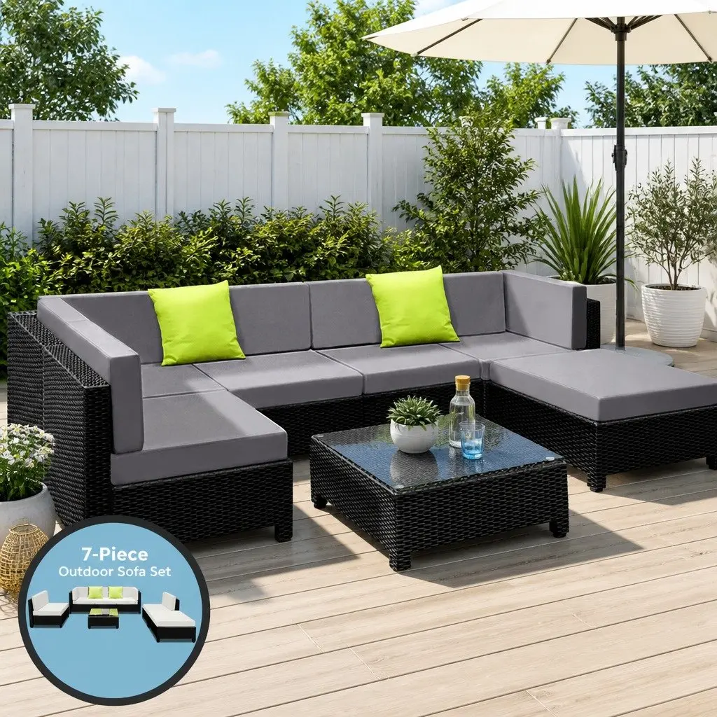7 Piece Outdoor Wicker Sofa Lounge Set Grey Black with Coffee Table and Cushions