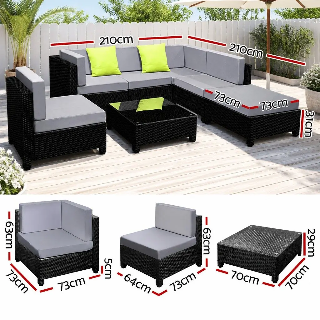 7 Piece Outdoor Wicker Sofa Lounge Set Grey Black with Coffee Table and Cushions