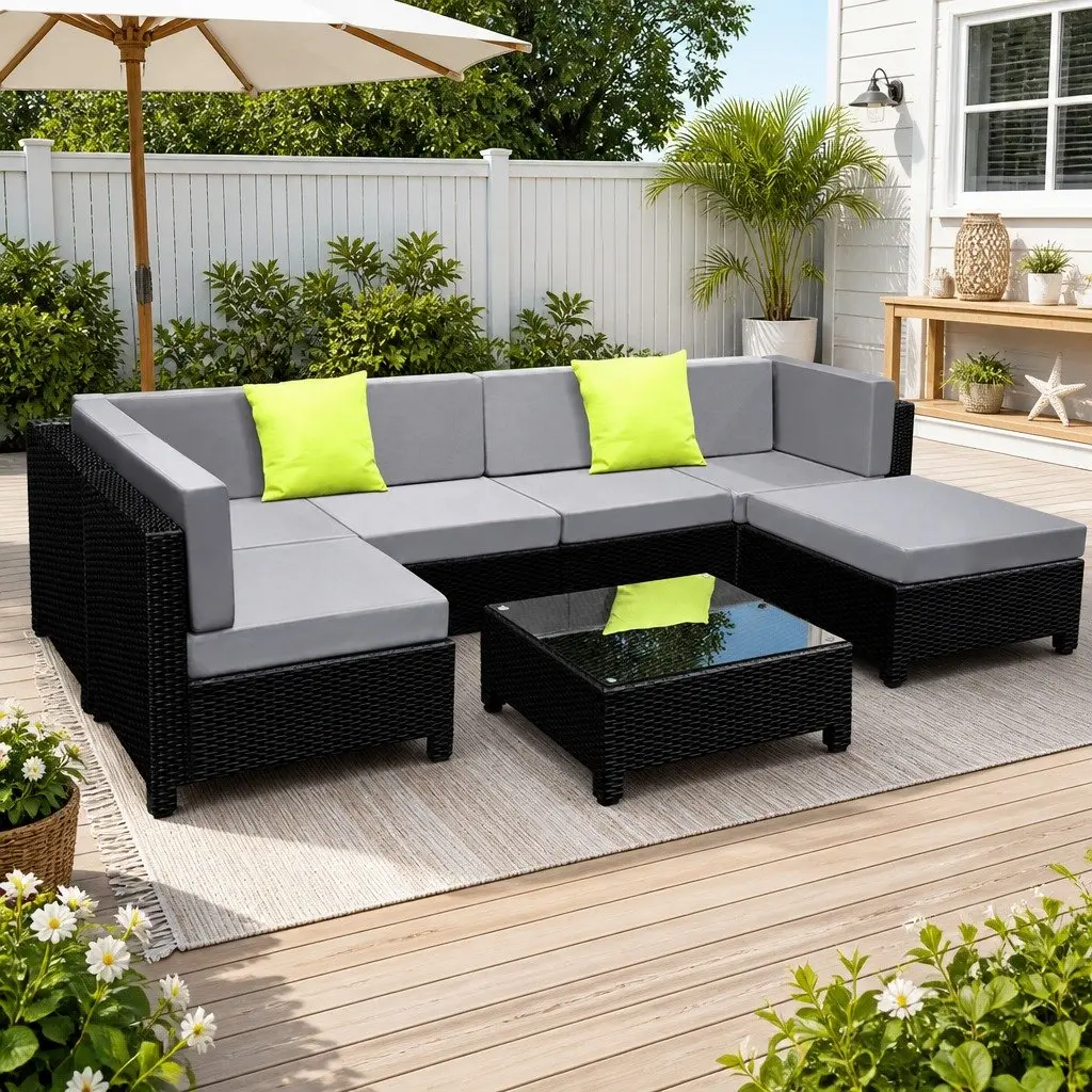 7 Piece Outdoor Wicker Sofa Lounge Set Grey Black with Coffee Table and Cushions